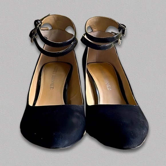 Audrey Brooke Stiletto Heels Suede Patent Trim Pointed Toe Double Strap Black - Picture 2 of 13